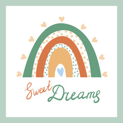 A boho style rainbow with decorative elements. Hand drawn lettering. Minimalist abstract Scandinavian design in pastel colors. Vector illustration for greeting cards, invitations, clothing print