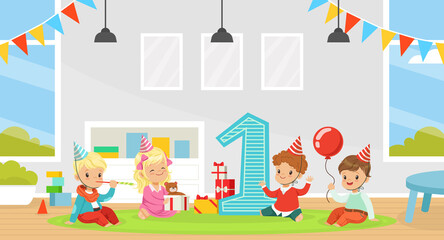 Obraz na płótnie Canvas Excited Children in Birthday Hat Sitting on the Floor in Kindergarten with Wrapped Gift Box Celebrating Festive Holiday Vector Illustration