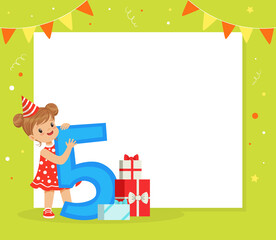Naklejka premium Happy Birthday Festive Card with Girl in Birthday Hat Holding Five Number Vector Illustration