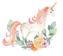 Naklejka na ściany i meble Unicorn watercolor illustration flower wreath 