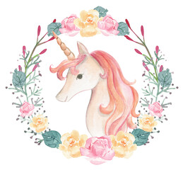 Obraz na płótnie Canvas Unicorn watercolor illustration flower wreath 