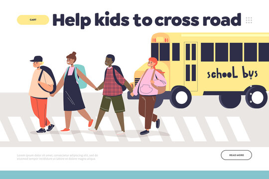 Help kids to cross road concept of landing page with group of children on crosswalk