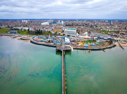 Fototapeta Aerial view of the Southend Pier, a major landmark in Southend-on-Sea and the longest pleasure pier in the world