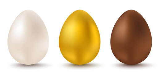 White, golden and chocolate eggs for Easter.