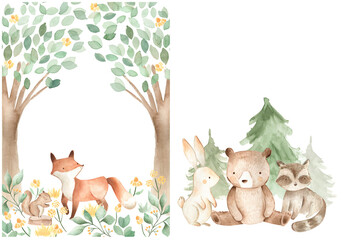 Woodland animals watercolor illustration baby bear fox squirrel bunny 