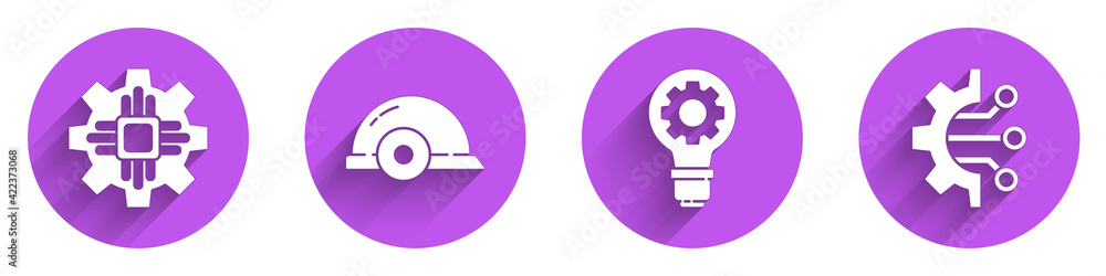 Poster set processor, worker safety helmet, light bulb and gear and algorithm icon with long shadow. vector
