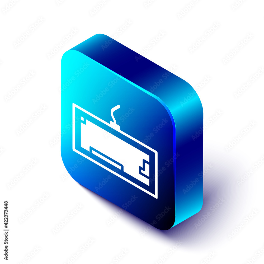 Poster Isometric Computer keyboard icon isolated on white background. PC component sign. Blue square button. Vector Illustration