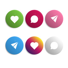 Vector multicolored shiny glow social media circle buttons with shadow. Red blue green color design. Like and comment icons.