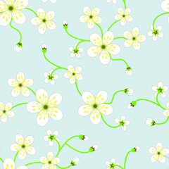 Seamless background pattern of cherry blossom. Symbolic of Spring in a random arrangement square format suitable for textile. Floral vector illustration.