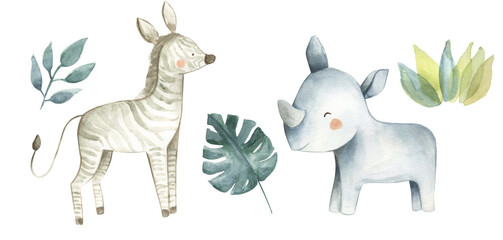 Safari animals watercolor illustration zebra rhinoceros  - obrazy, fototapety, plakaty