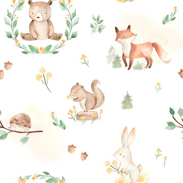 Woodland animals watercolor seamless pattern bear fox bunny 