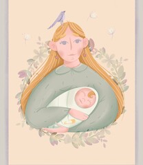 illustration, postcard, poster, depicting a mother holding a newborn baby

