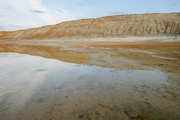 Dirty soil and water on vast polluted territory with bad environmental situation representing ecological catastrophe or desolation