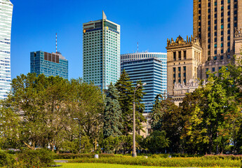 Srodmiescie city center business district with Rondo One, Intercontinantal, Warsaw Financial Center...