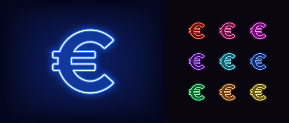 Neon euro icon. Glowing neon euro sign, outline money symbol - obrazy, fototapety, plakaty
