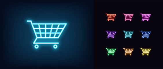 Neon shopping cart icon. Glowing neon trolley basket sign, outline shop cart symbol © Дмитрий Майер