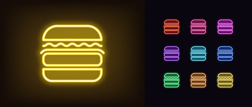 Neon burger icon. Glowing neon hamburger sign, outline cheeseburger symbol