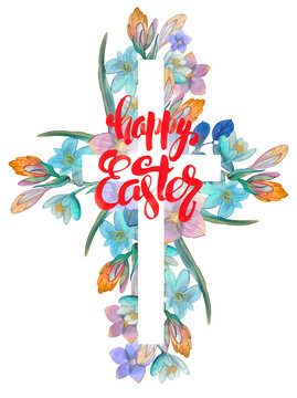 Floral cross with "Happy Easter". Watercolor floral Easter decor. For Christian publications, prints, decorations.
