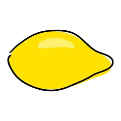A lemon drawn with a single black line. Citrus. Fruit containing vitamin C. Yellow spot with glare. Linear style.