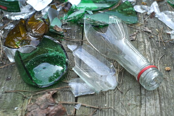 broken glass bottles on the table 