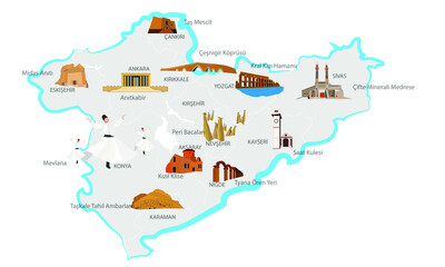 Turkey's historical and touristic places. Central Anatolia (İç anadolu) region. Touristic places. Vector images.