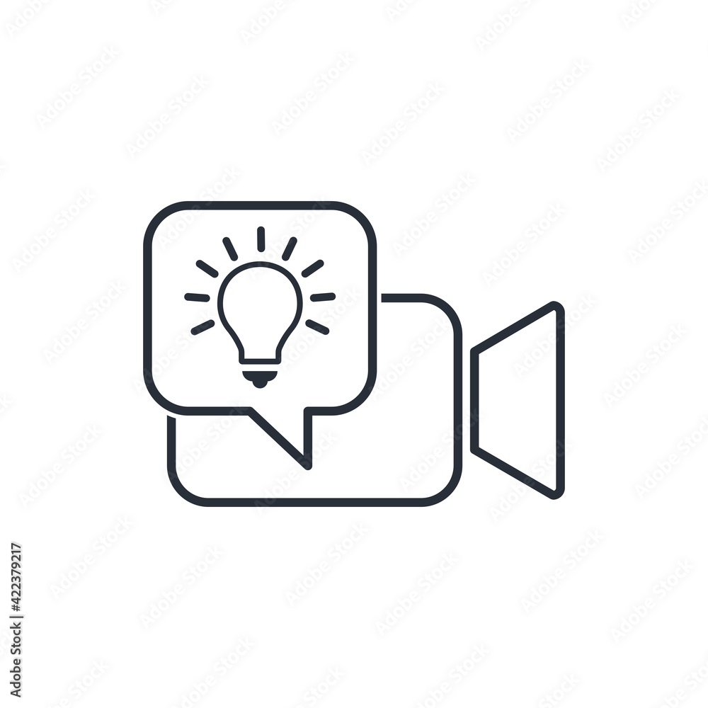 Poster light bulb and video camera. educational video. vector linear icon isolated on white background.