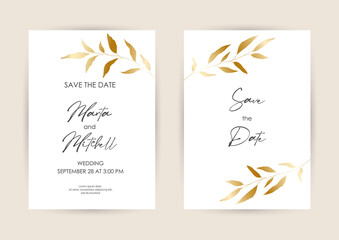 Fototapeta na wymiar Luxury wedding invitation cards with gold flowers and geometric pattern vector design template