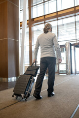 Rear view of mature businessman in casualwear pulling suitcase behind himself while moving towards exit of contemporary hotel