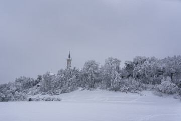 Church like a castle in a fairytale on snow caped hill with frosty forest.