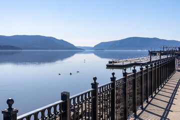 Newburgh, NY - USA - Mar. 21, 2021: Landscape view of Newburgh's trendy river front, looking south down the Hudson River.