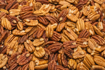 Tasty pecan-nut background. Top view.