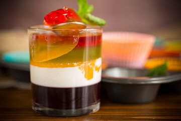 lot of colored sweet fruit jelly in a glass