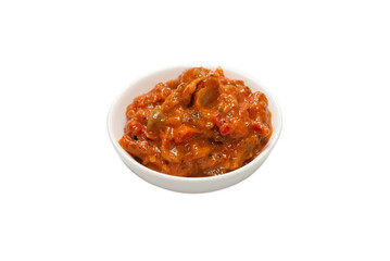 Vegetable stew in a bowl isolated on white background.