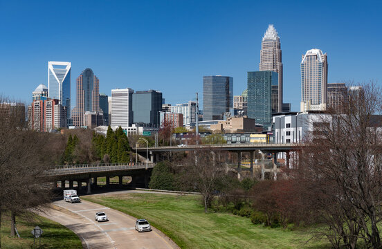 Skyline of downtown Charlotte, North Carolina on a blue sky early spring day