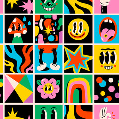 Hand drawn Abstract shapes, funny cute Comic characters. Big Set of Different colored Vector illustartions. Cartoon style. Flat design. Square logos. Seamless Pattern. Background, wallpaper