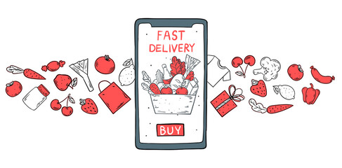 E-commerce design concept. Vintage vector illustration. Internet shopping ecommerce concept. Hand drawn sketch. Buy button on the screen.