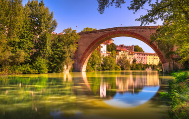 Ponte della Concordia, Roman bridge and river Metauro. Fossombrone, Marche, Italy.