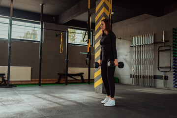 Obraz premium fit woman performing lunges with dumbbell in gym.
