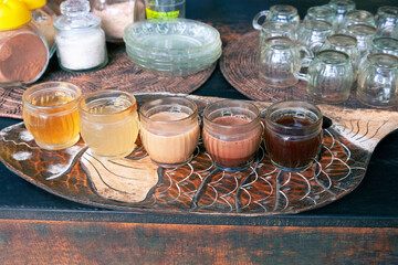 coffee, luwak coffee, fruit and herb tea tasting set at Luwak coffee farm, Bali, Indonesia