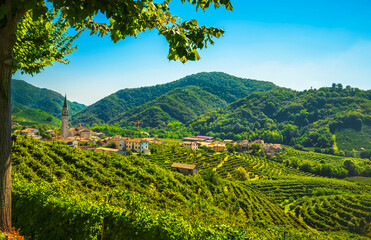Fototapeta na wymiar Prosecco Hills, vineyards and Guia village. Unesco Site. Valdobbiadene, Veneto, Italy