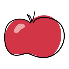 The apple is drawn with a single black line. The fruit contains a lot of vitamins. A red spot with a glare. Linear style.