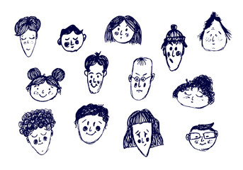 Vector set with the faces of men and women, human emotions in sketch style on a white background.