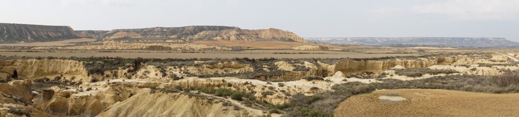 panorama view of the desert grasslands and mesas and table mountains in the Bardenas Reales desert in northern Spain
