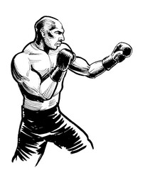 Boxing athlete. Ink black and white drawing