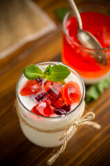 homemade sweet yogurt with fruit jelly pieces