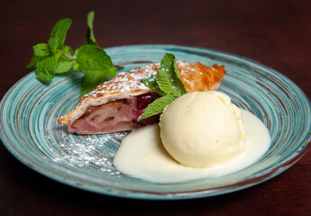 Apple strudel with vanilla ice cream