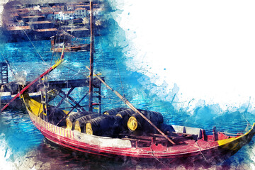 Obraz premium Watercolor drawing, illustration. Beautiful landscape. View of two boats and a river, in the background a bridge and a city