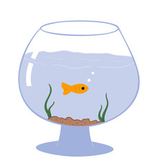 Round blue aquarium in the form of a glass with goldfish, sand and algae. Doodle isolated colored objects white.