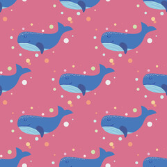 Seamless vector pattern with hand drawn whales. For kids design, apparel, fabric, textile, wrapping paper.