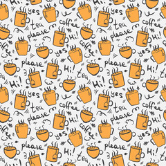 Tea and coffee cup hand drawn pattern. Morning hot drink doodle vector seamless pattern. Orange outline illustration for wrapping paper, notebook covering, greeting card for every day